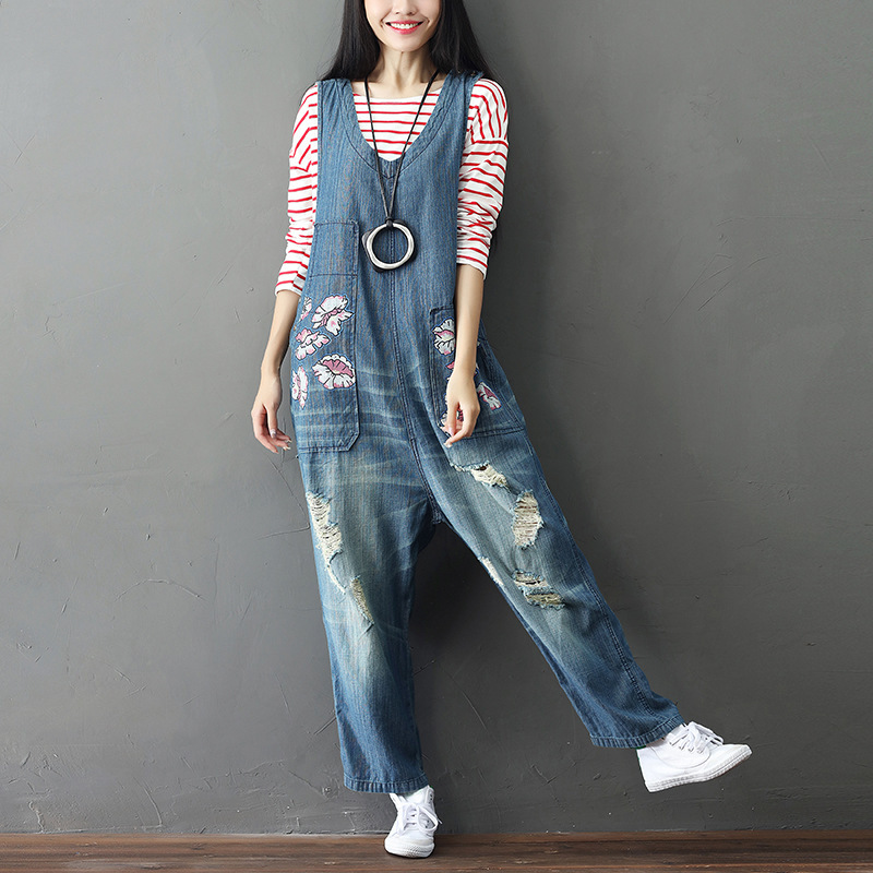 

2020 Spring Summer New Women Vintage Washed Printed Wide Leg Bib Blue Hole Denim Overalls Jean Jumpsuits Female Loose Rompers, As pic