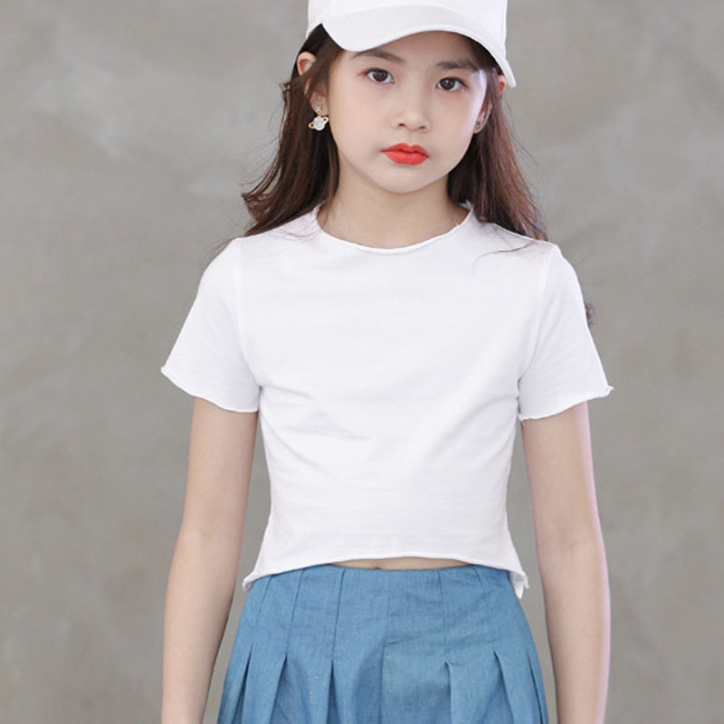 

Asymmetrical Girls Solid Tshirt Fashion Girl Summer Tees Top Clothing Casual Girl T Shirts Children Round Neck Short Sleeve Tees, White