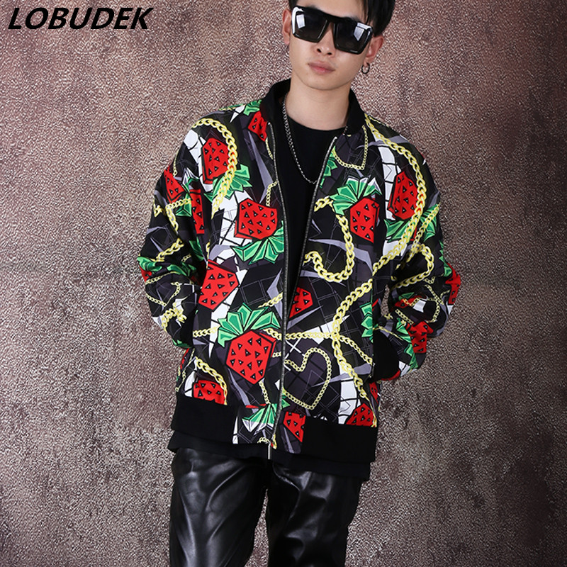 

Male Singer Hip Hop Baseball Jacket Stage Wear Fruits Pattern Loose Casual Coat O-Neck Jackets Bar Concert Performance Costume, As pic