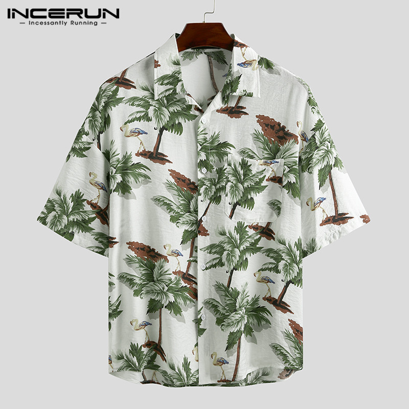 

INCERUN 2020 Summer Men Hawaiian Shirt Printed Casual Lapel Tropical Beach Blouse Brand Chic Streetwear Camisas Breathable -5XL, Green