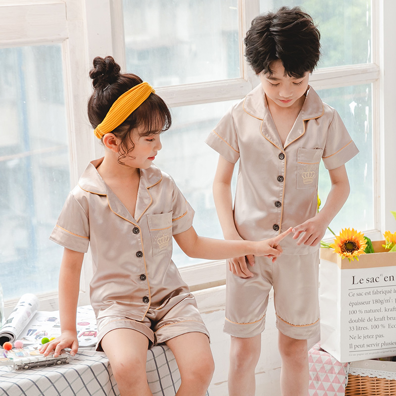 

Girls Pajamas Set Summer Short Sleeve Children's Sleepwear Set Fake Silk Pajamas Boy Pyjamas Sets for Kids Children's Day Gift, Style 7