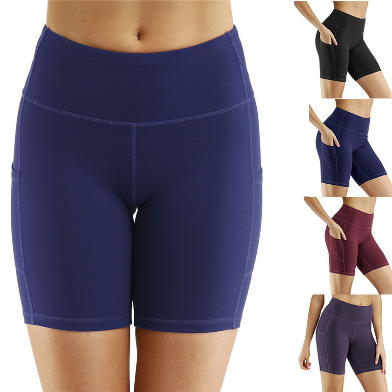 

Newly Women High Waist Yoga Shorts Compression Exercise Running Cycling Shorts with Side Pockets, Black