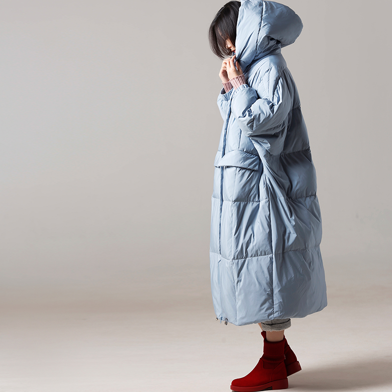 

Korean version hooded loose large version pressure fog blue thick warm down jacket women winter, Black