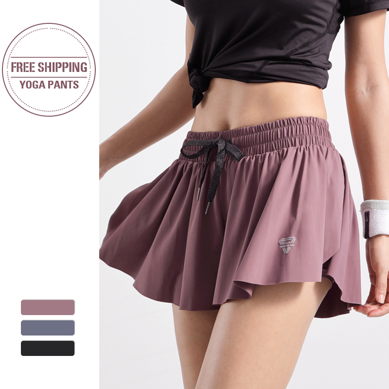 

Women Hight Elastic running shorts Anti-light two layers workout short Quick Dry Loose Sports Fitness Gym, Black