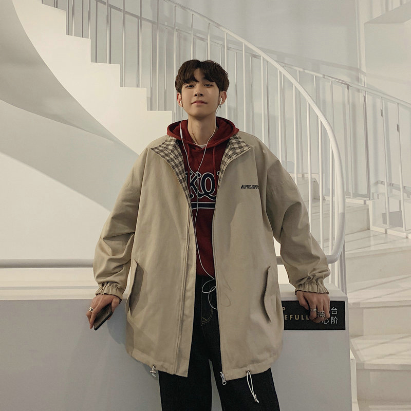 

2019 spring new embroidered plaid double-sided collar jacket windbreaker hip hop Cotton High Street Casual Best Favourite, Black