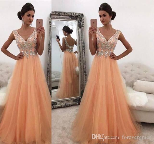 

2019 Beaded Peach Prom Dress New Arrival A Line V Neck Long Formal Holidays Wear Graduation Evening Party Gown Custom Made Plus Size, Black