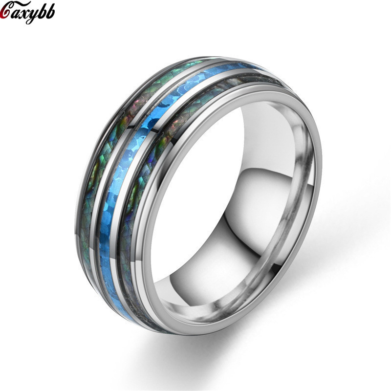 

8mm Silver Steel Carbide Ring Blue Fire Opal & Shell Inlay For Men Women Wedding Engagement Ring Bague Homme