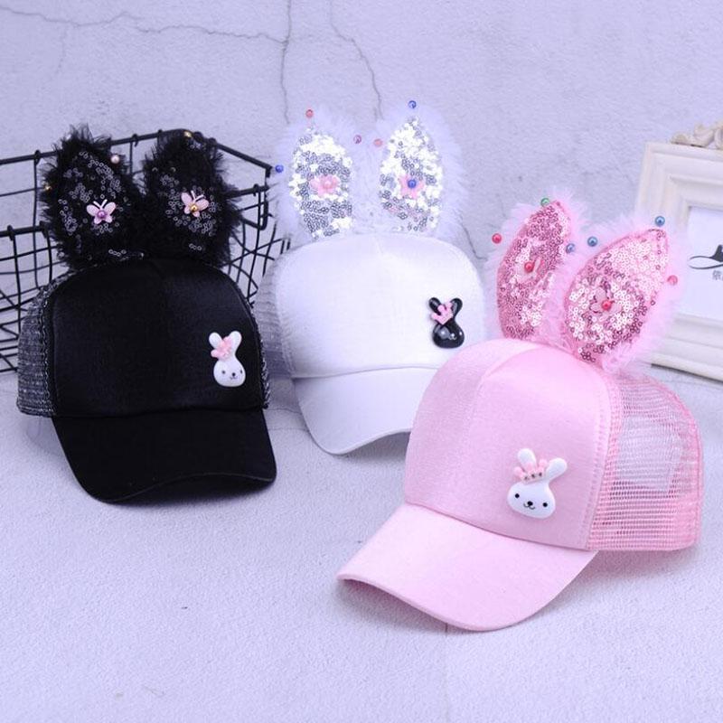 Cute Baby Hat Spring Summer Baby Girl Baseball Cap Glitter Sequin Rabbit Ear Pearl Kids Hat Girls Sun Hats For Children wAwYx