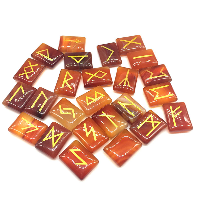 

25pcs Natural Red Agate Viking Runes Amulet Stones Set Green Aventurine Reiki Healing Divination Tumbled Stone Pendant Bead