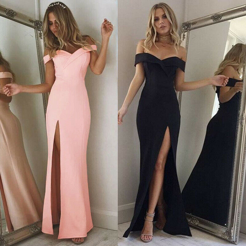 

Hot Women's Off Shoulder Dresses Casual Long Maxi Evening Party Beach Long Dress Solid Pink Black V-neck Summer Costume, Black;gray