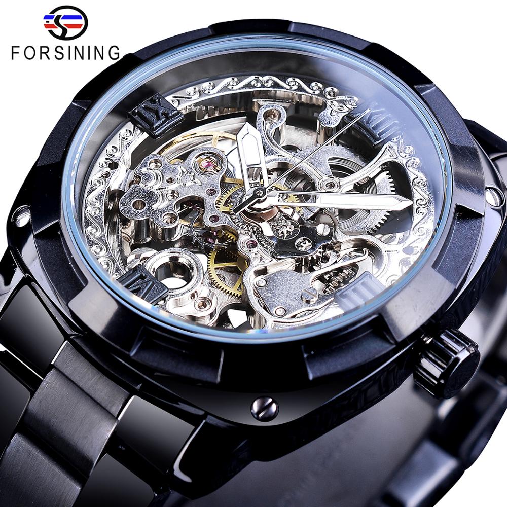 

Forsining Men Skeleton Automatic Mechanical Watch Black Transparent Gear Stainless Steel Band Vintage Watches For Man Dress Gift, Khaki