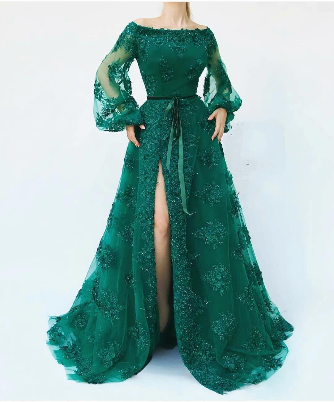 

New Modest Sheer Poet Evening Dresses Dark Green A Line Long Sleeve Split Prom Dress Arabic Applique Beads Long Vestidos Custom Made, Royal blue