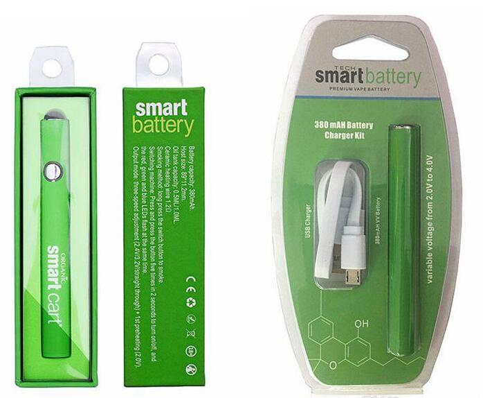 

SmartCart Battery Smart vape pen 380mAh Preheat VV Variable Voltage Bottom USB Charger Fit 510 Thick Oil Atomizer Smart Cart Vape Carts