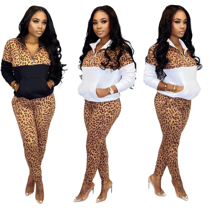 

Women Leopard Tracksuits Skinny Zip Stand Collar Ladies Two Piece Pants Patchwork Active Female 2pcs Sets Spring Womens, White