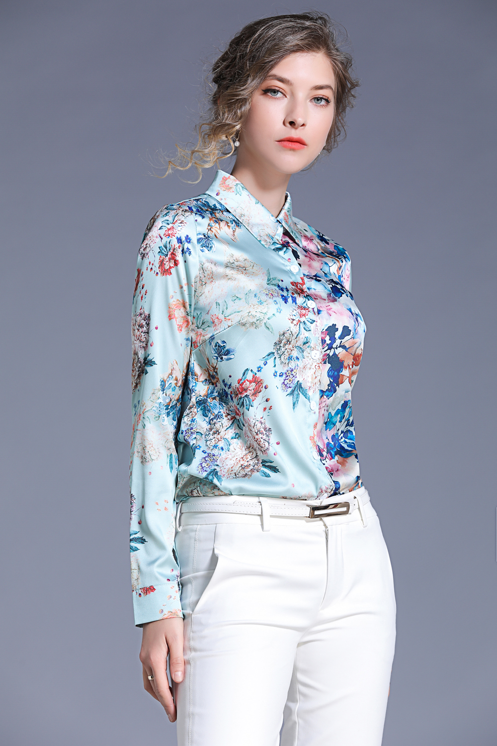 

2020 Spring Summer Fall Runway Fashion Floral Print Collar Long Sleeve Button Front Womens Ladies Casual Office OL Party Tops Shirts Blouse, White