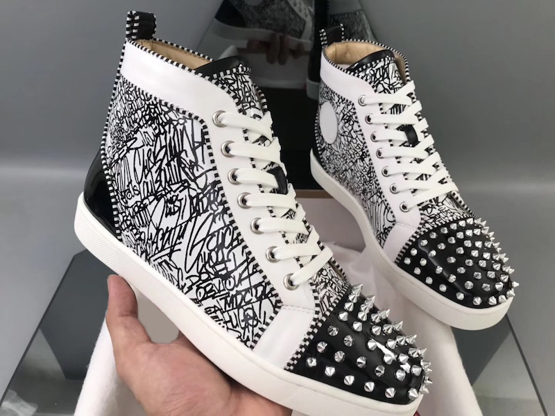 

Top Quality Mens Red Bottom Sneakers Studded Spikes High-top Shoes Graffiti Pattern Flats Shoe 100%Genuine Leather Party Wedding shoes, Color 4