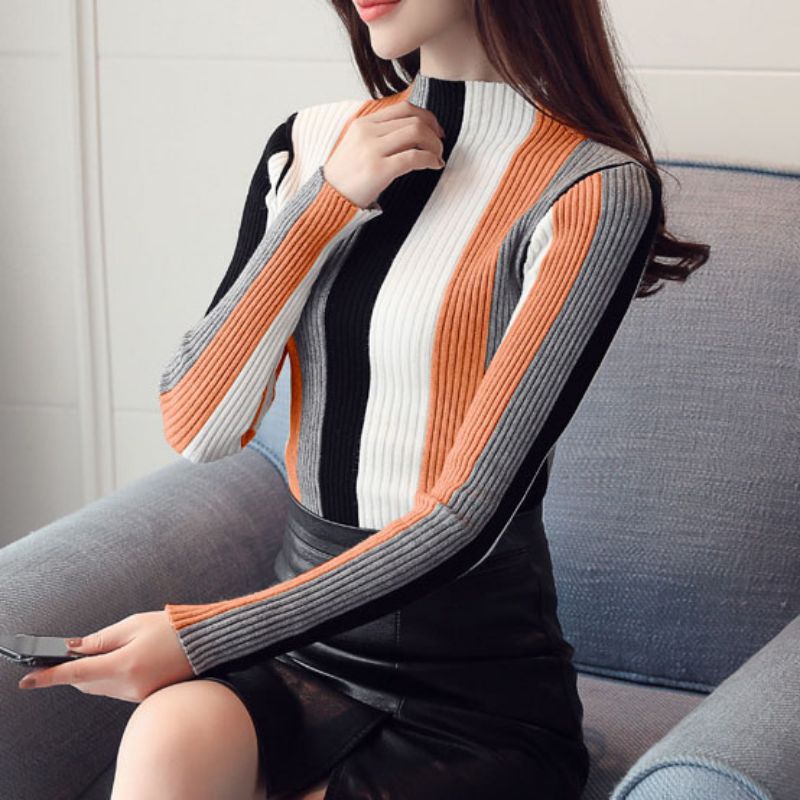 

Fashion Vertical Striped Women Sweaters Turtleneck Contrast Knitted Pullovers 2020 Long Sleeve Knitwear Tops, Black