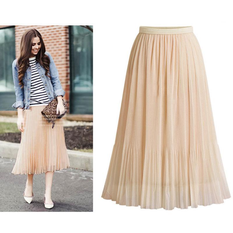 

Women Maxi Skirt Elastic Waist Pleated Long Skirt Beach Boho Vintage Summer Jupe Femme Skirts Womens Faldas Mujer Moda 2020, Coffee