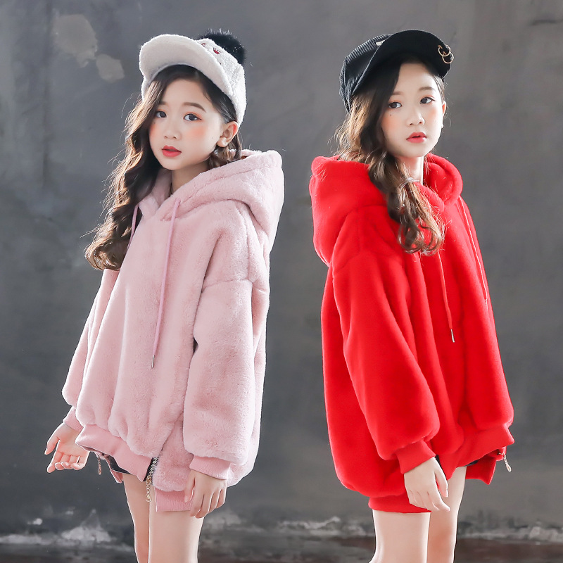 

Kids Fleece Sweatshirt Autumn Fur Hoodie Winter Thick Casual Sweatshirt for Girls Tops Kids Outfits 8 Y Children Clothes, Pink