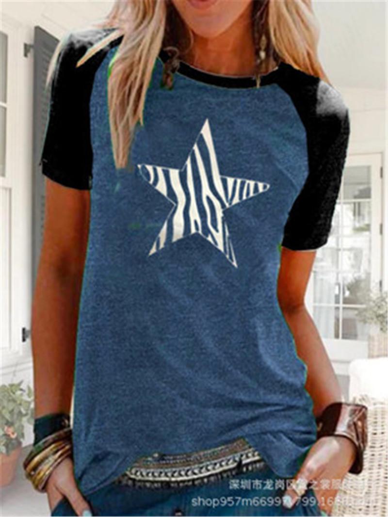 

Women Star Short Sleeve Designer Female Stitching Casual Printed Streetwear Ladies Tshirt Tops Round Neck Pentagram Tee Shirt Clothing, Grey