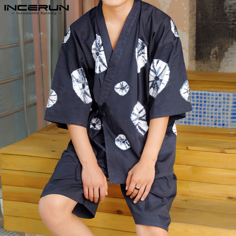 

Men Printed Pajamas Sets V Neck 2020 Half Sleeve Japanese Kimono Sleepwear Tops & Shorts Unisex Homewear Nightwear Suit INCERUN, Pink