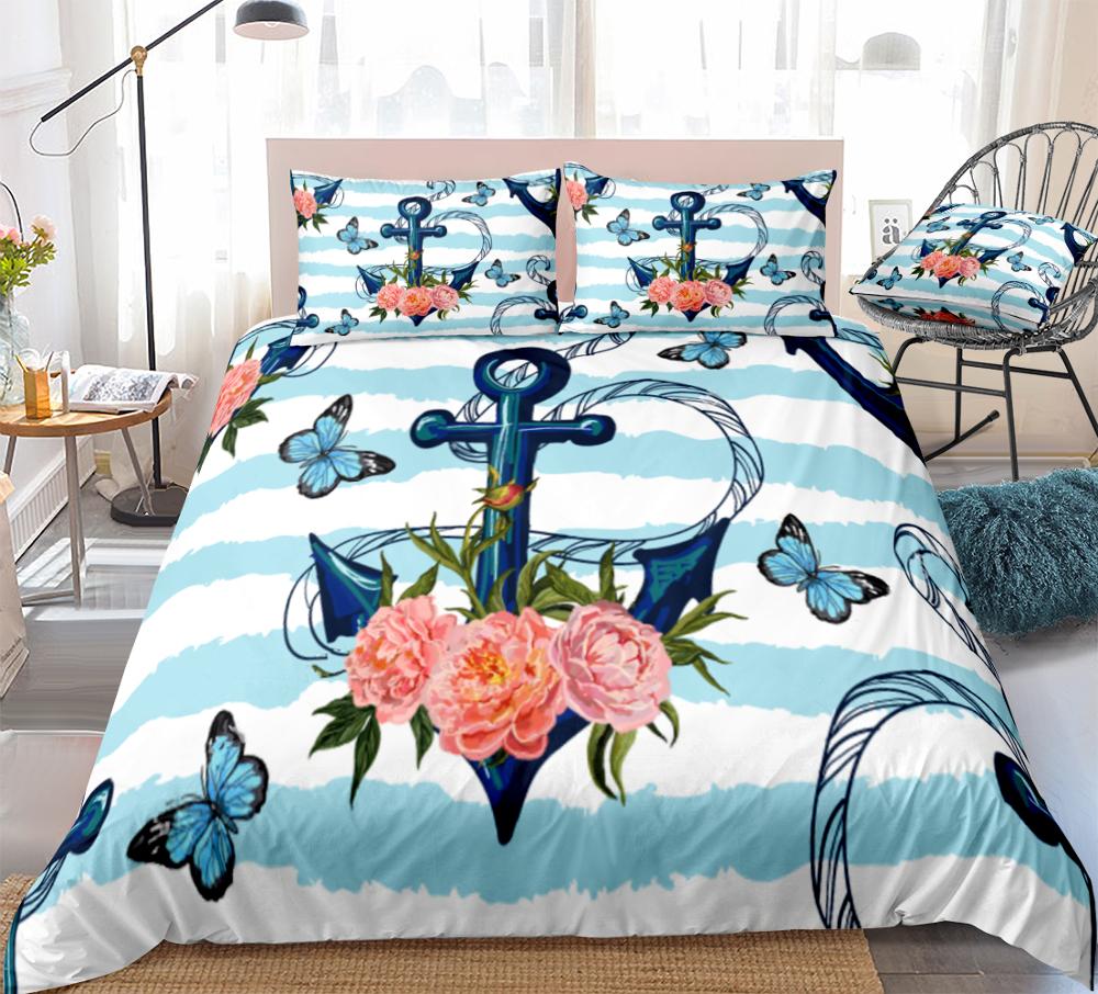 

Blue Anchor Duvet Cover Set Butterflies Palm Leaves Bedding Flowers Stripes Quilt Cover Queen Bed Set Red Floral 3pcs Dropship, 01