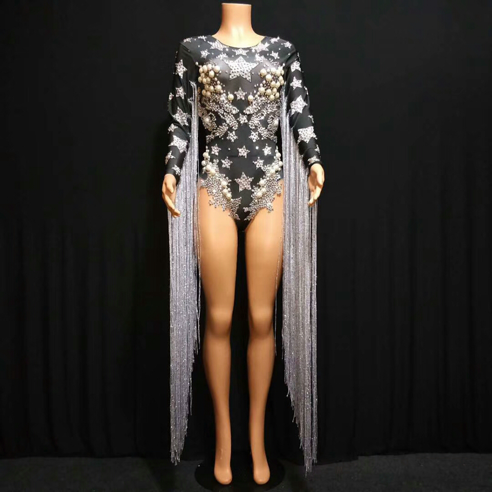 

Tassel Crystals Pearl Stars Bodysuit Women Stage Dance fringes Leotard Nightclub Party Female Singer Costume Celebrate Outfit, As pic
