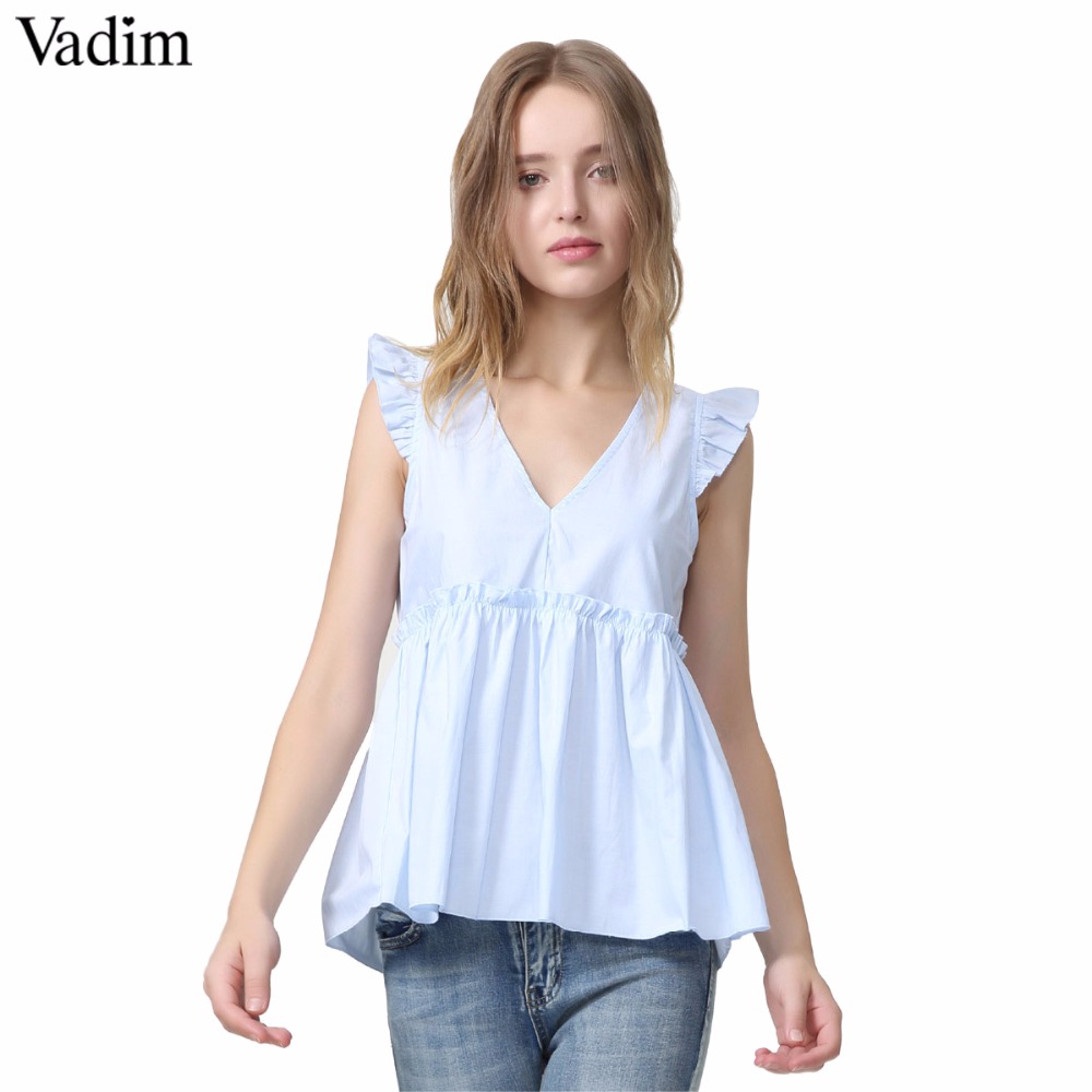 

Vadim women elegant ruffled blouses V neck back bow tie sleeveless pleated shirt ladies casual sweet chic tops blusas WA014, As picture