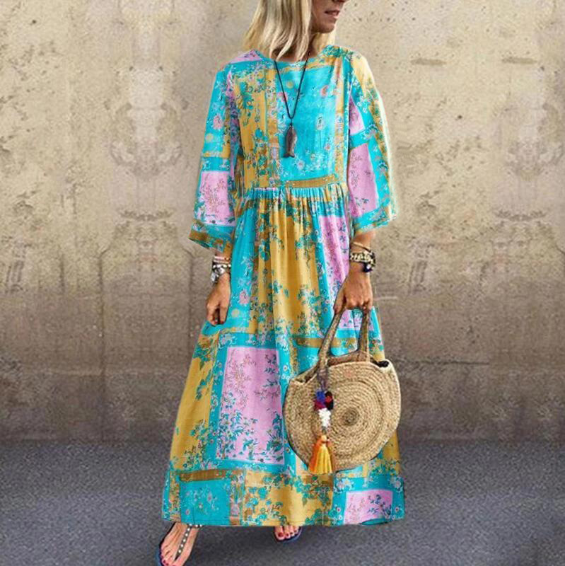 

Hot Selling Retro Loose-Fit Slimming Crew Neck Cotton Linen Printed Long-sleeved Dress, Pink