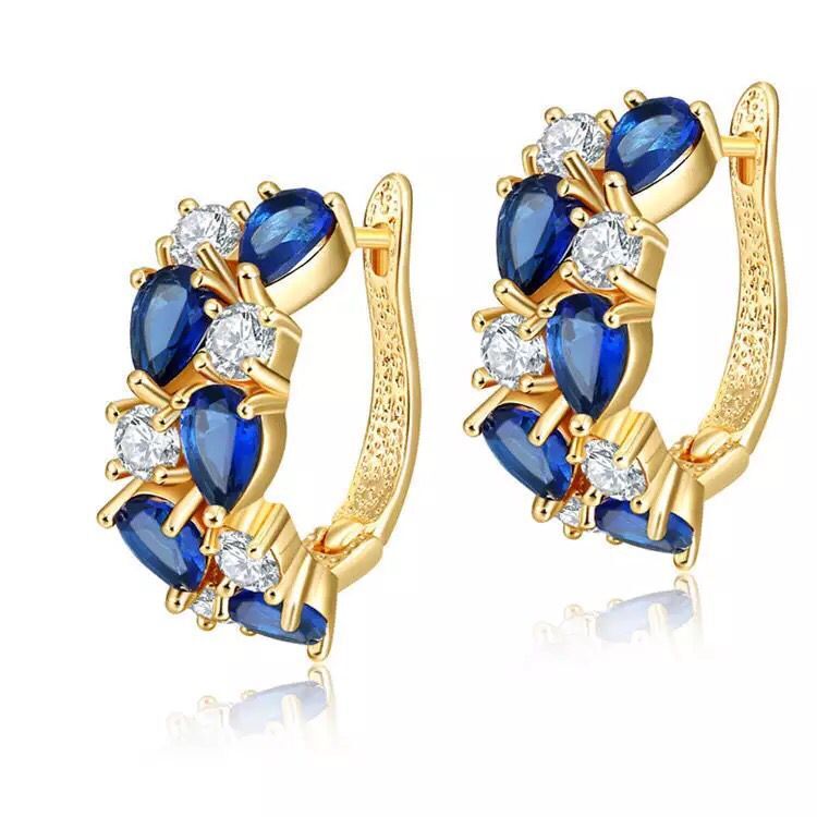 MGFam (484E) Deep Blue Round CZ Hoop Earrings For Women Cubic Zircon 18K Gold Plated Top Quality