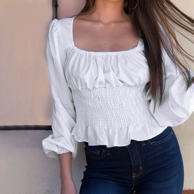 

2020 Women' Summer New White Black V Neck Chiffon shirt Solid Color Bishop Sleeve Short Blouses Female Plus Size