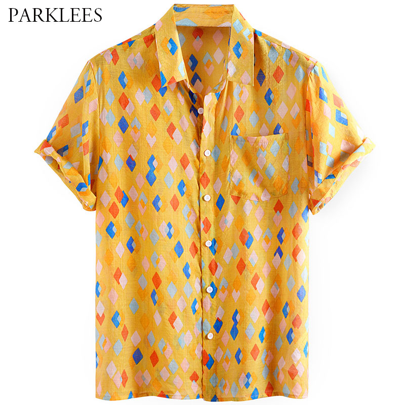 

Colorful Small Cube Printed Shirts for Men Fashion Casual Chemise Homme Hawaiian Beach Holiday Summer Mens Short Sleeve Shirt, Yellow