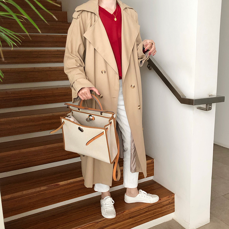 

Woman Fashion Chic Double-breasted Long Coat Loose Korean Stlylish Beige Clothes Trendy Trench Coat for Women With Belt