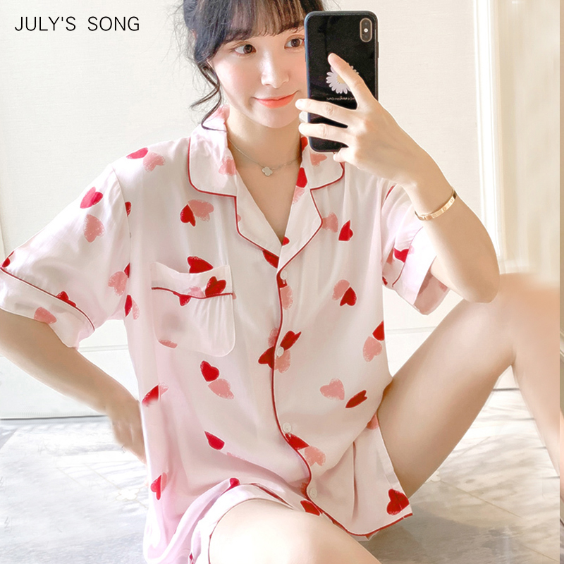

JULY'S SONG Summer Women Pajamas Comfortable Viscose Homewear Casual Turn-down Collar Pink Heart Printed Women Nightwear Pyjamas, Color2