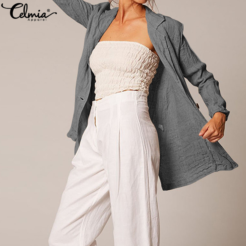 

2019 Fashion Coats Celmia Women Kimono Cardigan Vintage Long Sleeve Blazers Suits Casual Female Coats Buttons Solid Jackets 5XL, Black