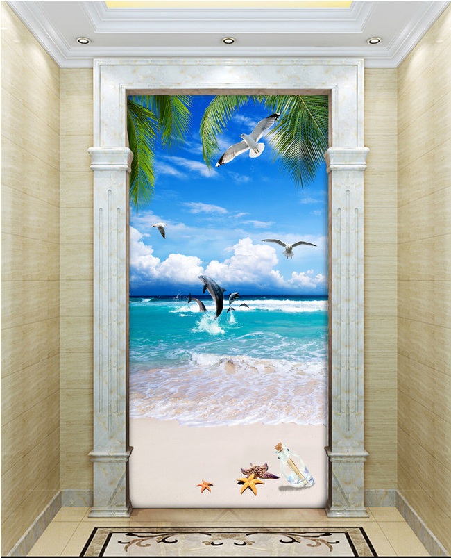

WDBH 3d wallpaper custom photo Seaside Coco Dolphin Beach porch background home decor living room 3d wall muals wall paper for walls 3 d, Non-woven