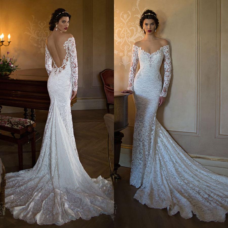 

2019 Berta Full Lace Backless Wedding Dresses Mermaid Off The Shoulder Long Sleeves Wedding Gowns Chapel Train Beaded Trumpet Bridal Gown, White