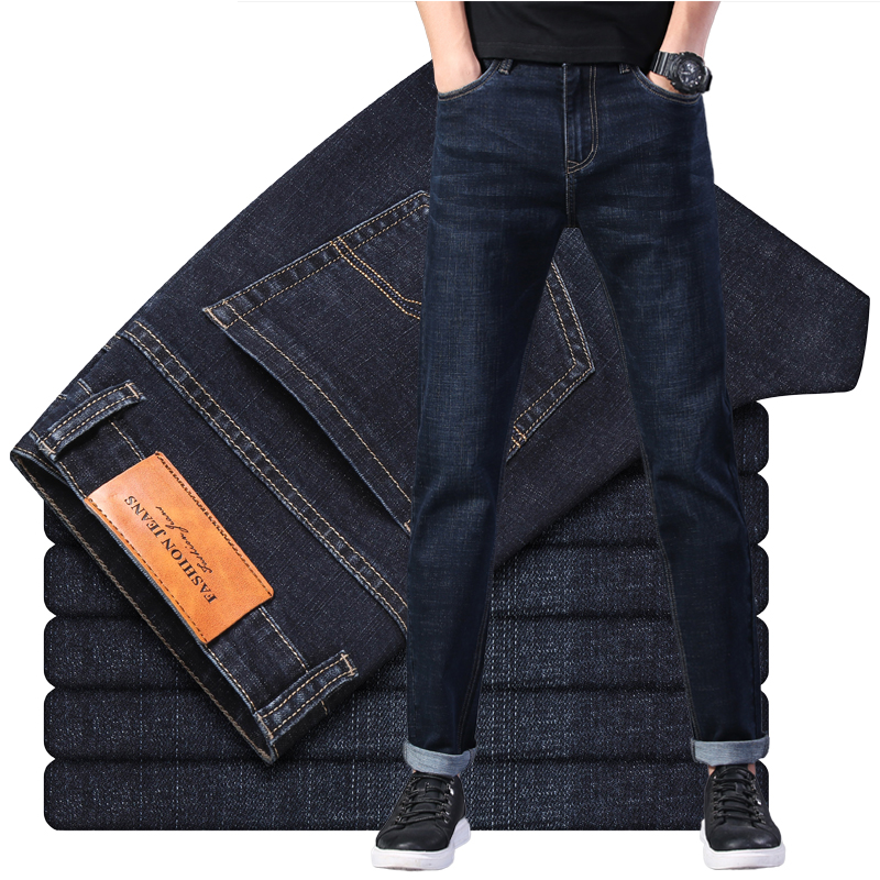 

2020 Autumn Winter Men's Stretch Jeans Fashion Casual Cotton Denim High Quality Blue Black Denim Trousers, 068 blue