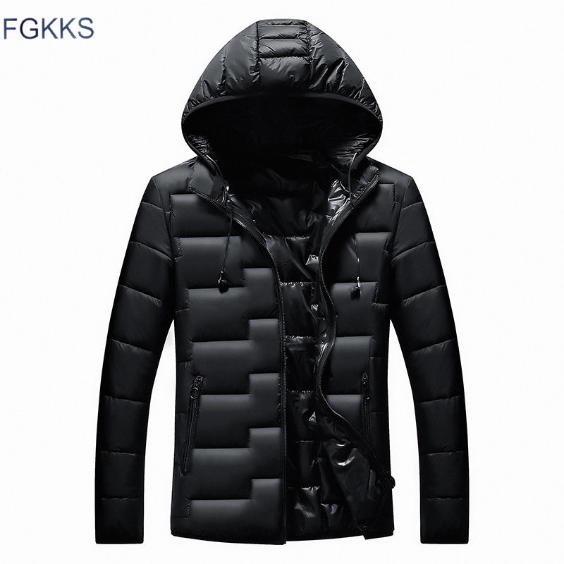 

FGKKS Men Fashion Hooded Parkas Coat Winter Male High Quality Casual Parka Overcoat Men's Solid Color Parkas Coats, Black