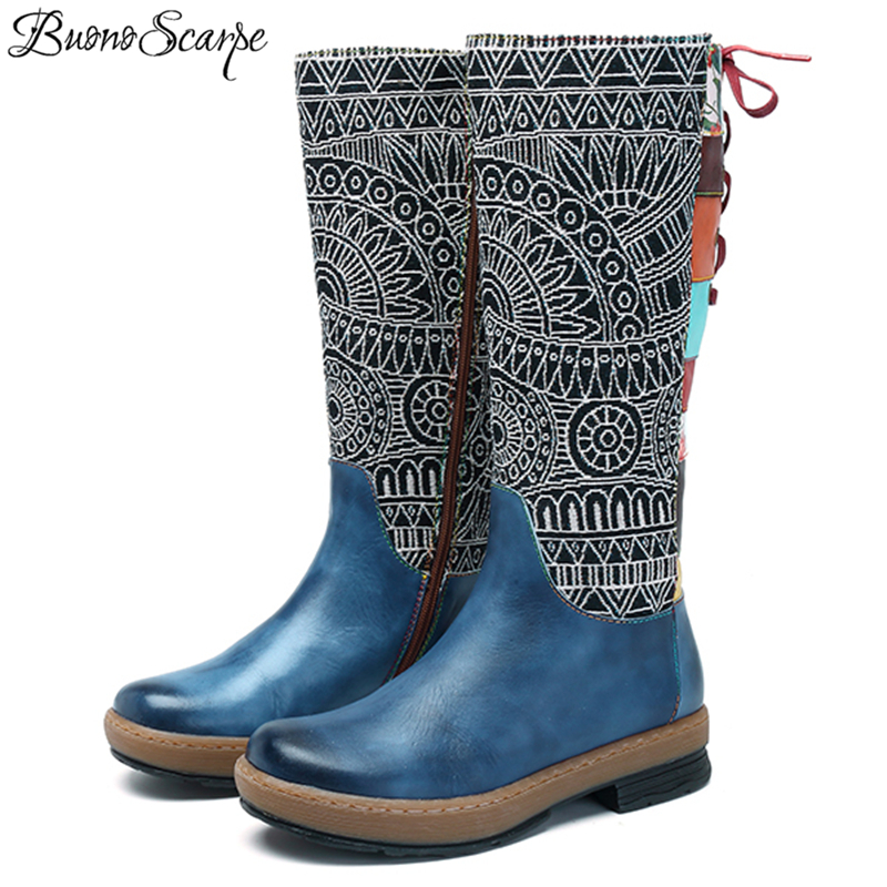 

BuonoScarpe Women Vintage Mid-calf Boots Bohemian Genuine Leather Shoes Printed Patchwork Zipper Lace Up Rainbow Boots, Navy