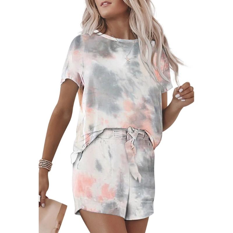 

Women Homewear Short Pajamas 2 Pieces Tie-dye Sleep Wear Loungewear Loose Casual Home Clothes, Gray