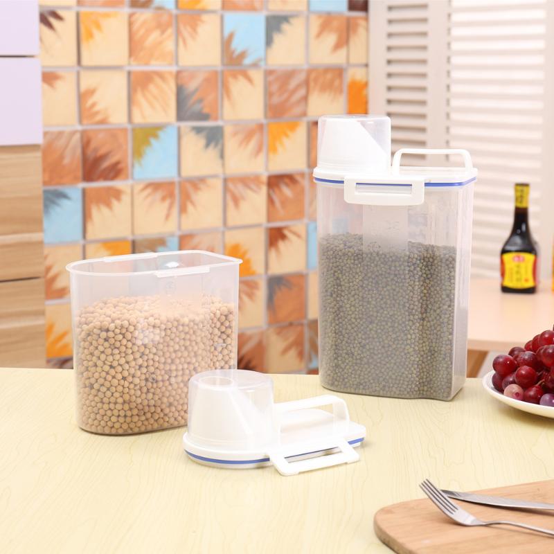 

New 1.5/2L Plastic Rice Storage Bin Sealed Grain Cereal Flour Storage Box Container with Measuring Cup Kitchen Accessories