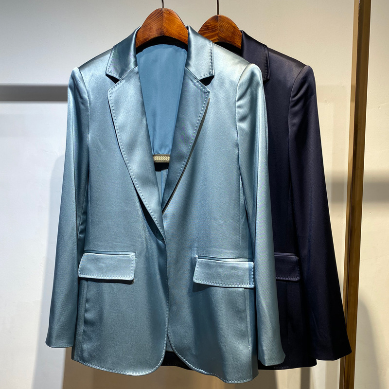 

Women' suit jacket high-end acetate forged matte blazer female thin section summer spring one-button buckle slim jacket female, Light blue