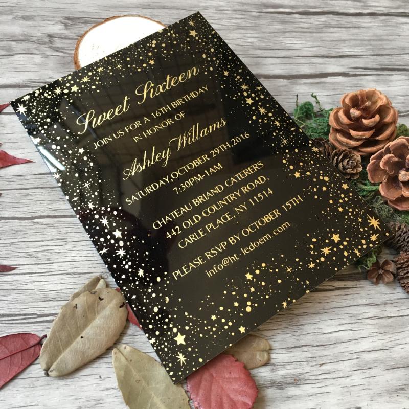 

Customized 5X7inch 50pcs per lot Black Acrylic Invitation Cards With Gold Printing SHIP TO USA ONLY