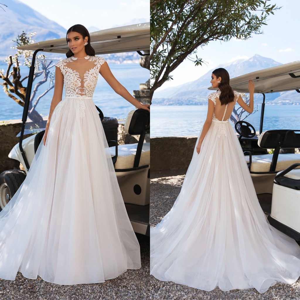 

2020 A Line Wedding Dresses Jewel Capped Sleeve Lace Appliques Bridal Gowns Custom Made Button Back Sweep Train Plus Size Wedding Dress, Gold
