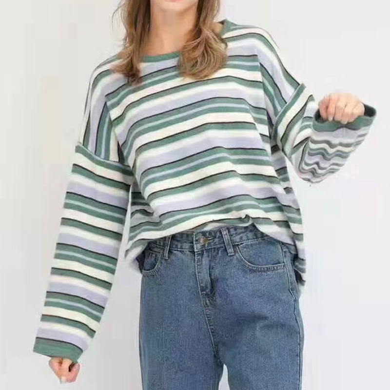 

Autumn Sweaters women winter 2019 jumpers knitted Sweater Women's Loose oversized Long Sleeve striped Sweater female Pullover, Green