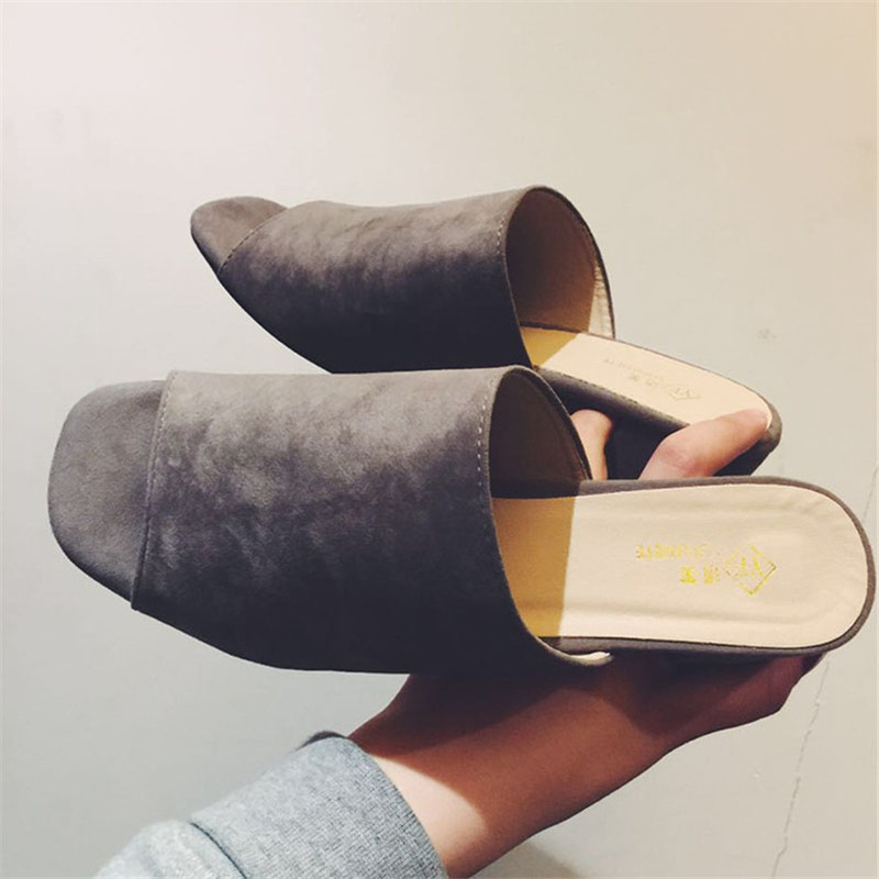 

New Popular Women Flock Solid Pumps Fashion Summer Casual Comfortable Peep Toe Square High Heel Slip On Shallow Sandals, Style 1