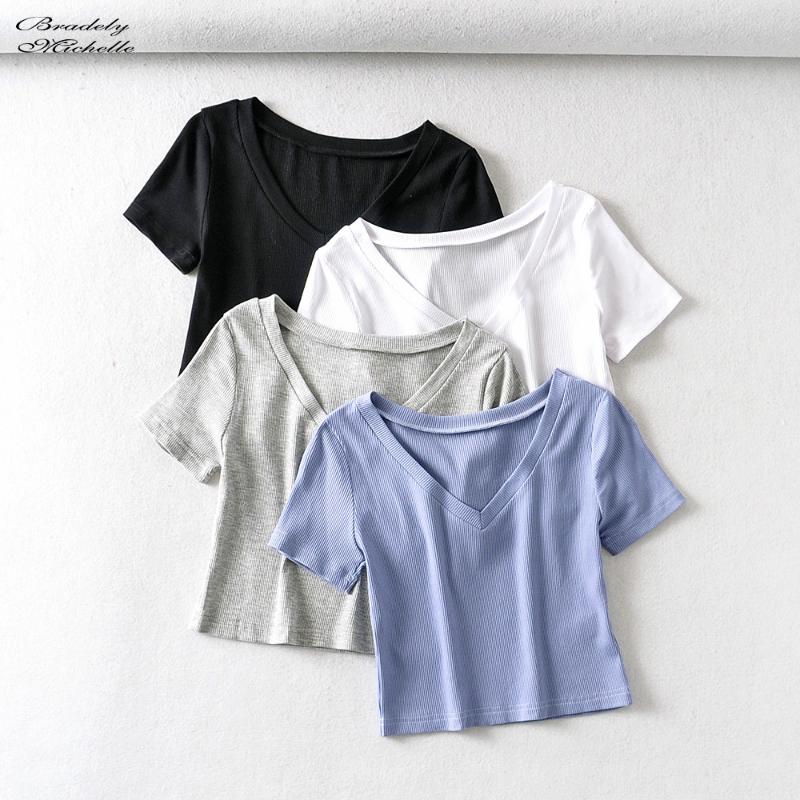 

Bradely Michelle Casual Cotton New 2020 Summer Woman Slim Fit t-shirt tight Short-Sleeve V-neck tee Crop Tops, Black