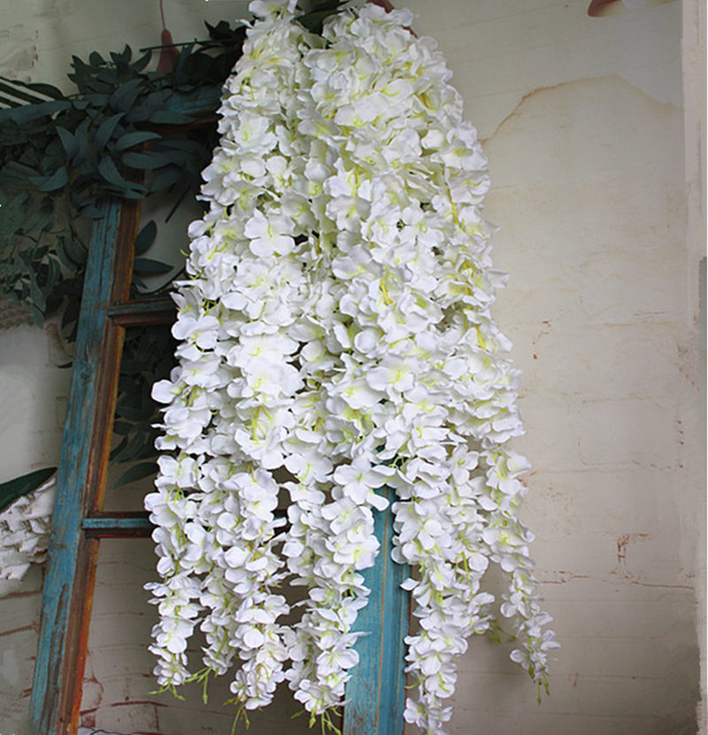 

Wholesale White Wisteria Flower Rattan With Leaves Silk Artificial Flowers Celing Wall Hanging Flower Vine Wedding Decoration