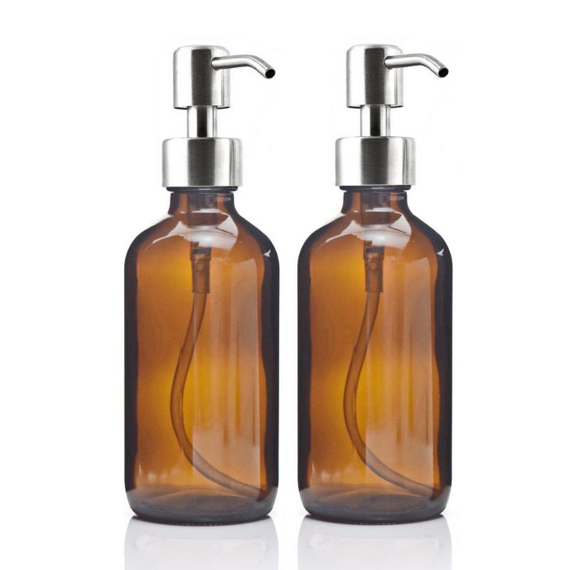 

Drop 8 Oz Large 250ml Liquid Soap Dispenser Stainless Steel Pump for Essential Oils Homemade Lotion Round Amber Glass Bottle